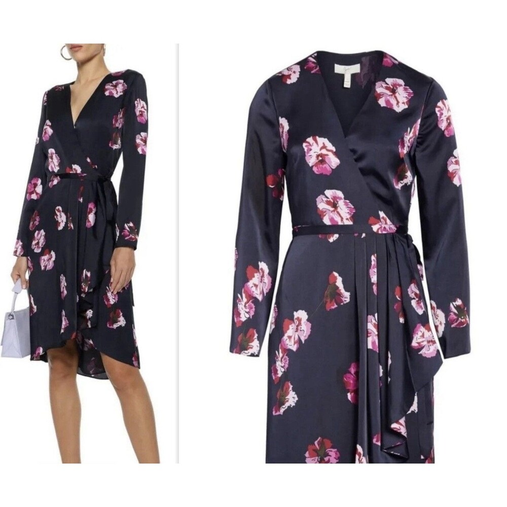 Joie Miltona Wrap Floral Midnight Blue Pink Purple Knee Dress Size XS NWT $398